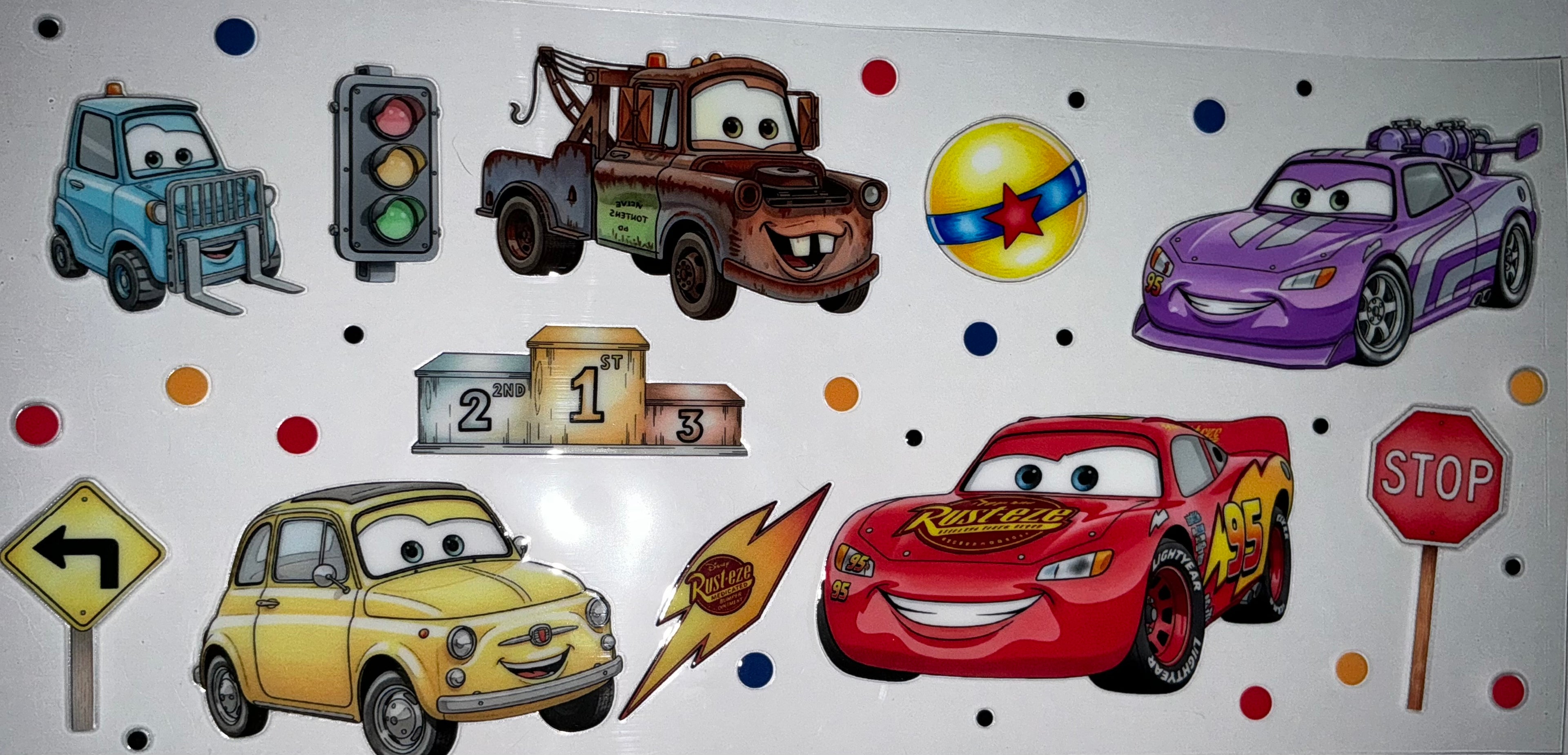 #130 Cars Mater & Purple Race Car Tumbler Decal